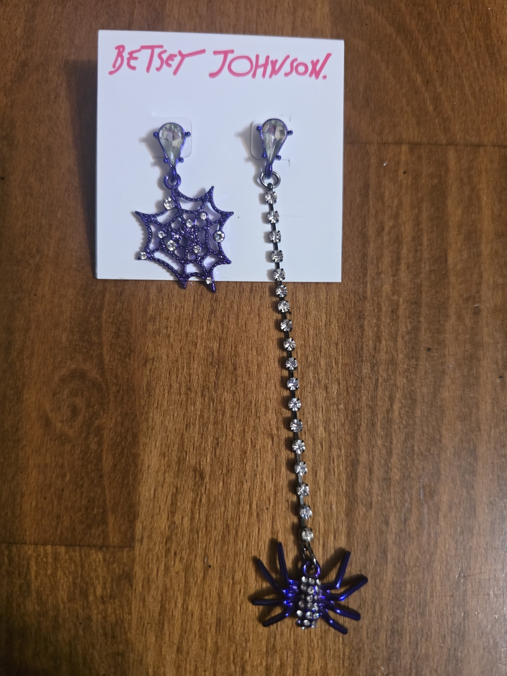 Betsey Johnson Purple Spider & Web Asymmetrical Earrings